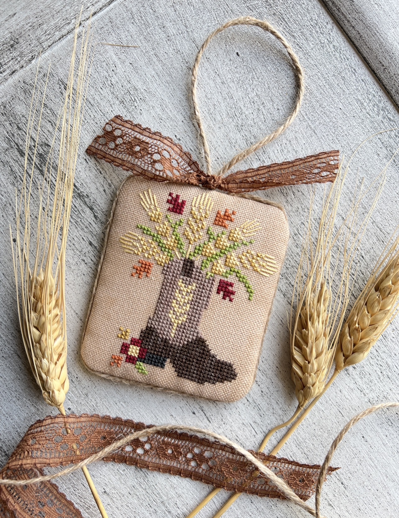Wheat Harvest Cowboy Boot Bouquet by Cross Stitch Kim | Ornament Cross Stitch Finish